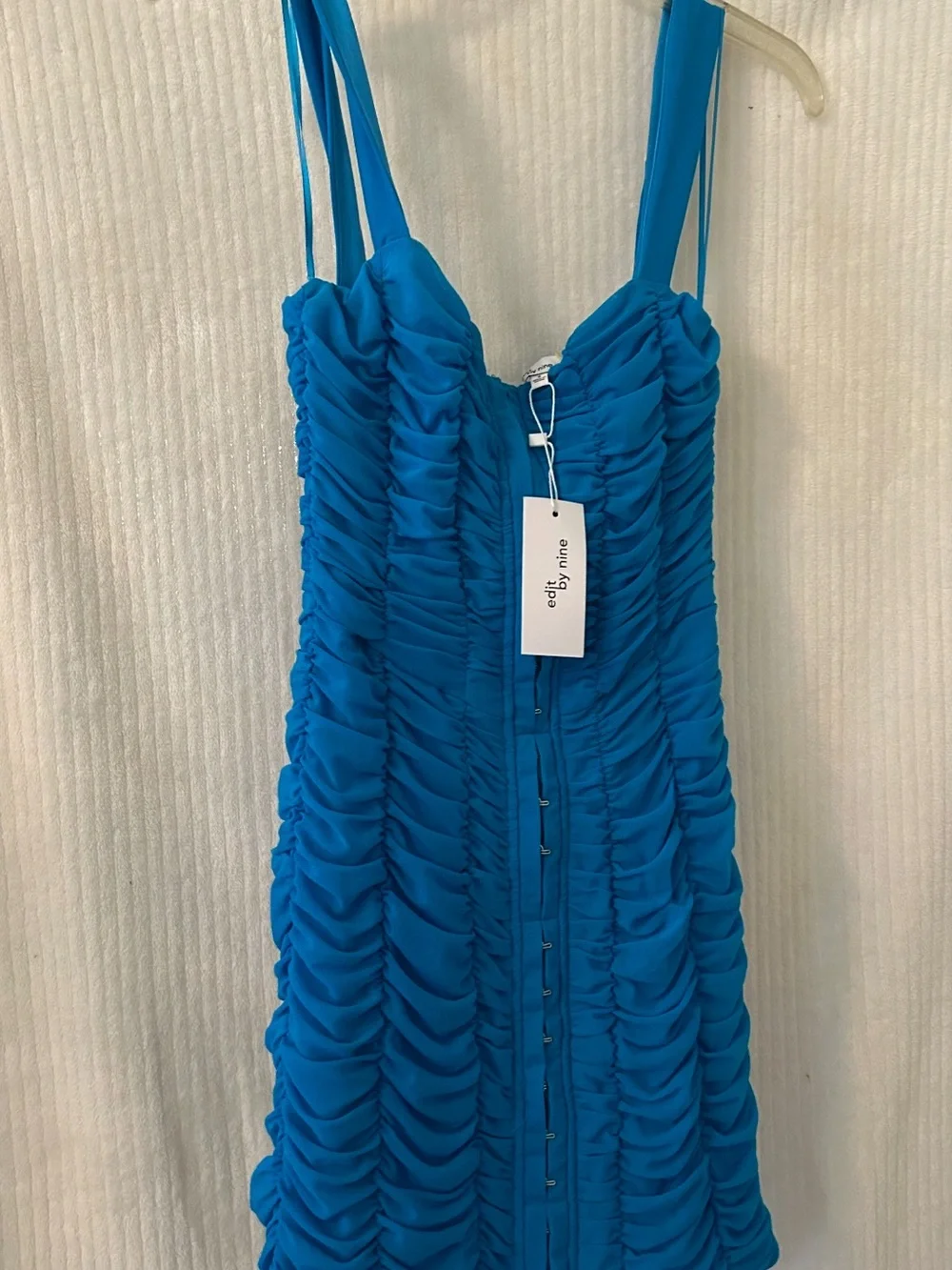 Blue Ruched Zip-Front Mini Dress